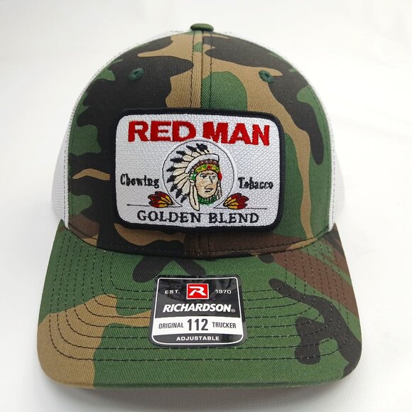 Camo And White Mesh Snapback Red Man Patch Curved Bill Hat - Picture 1 of 4